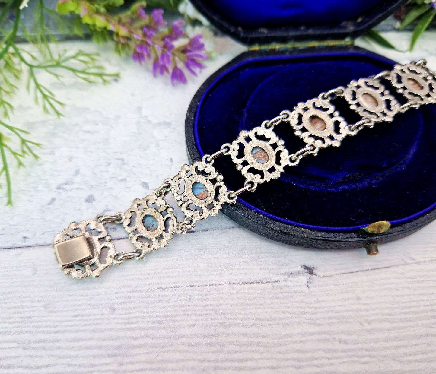 Vintage Silver Tone Ornate Filigree Matrix Turquoise Imitation Cabochon Statement Bracelet