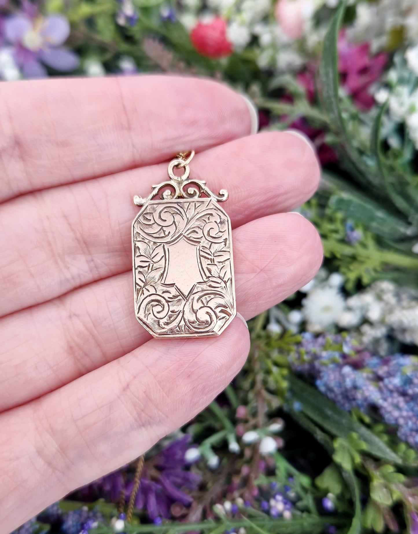 Antique Art Nouveau Rolled Gold Engraved Ornate Shield Cartouche Pendant / Fob Necklace