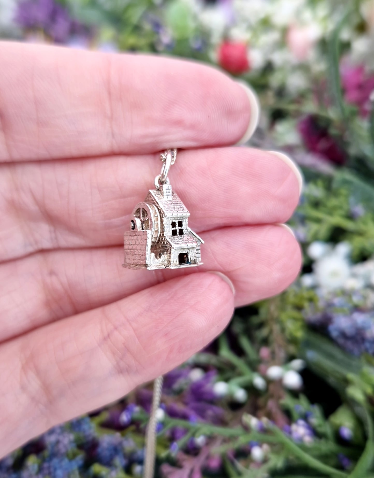 Vintage Sterling Silver Miniature 3D Water Mill Charm Pendant Necklace