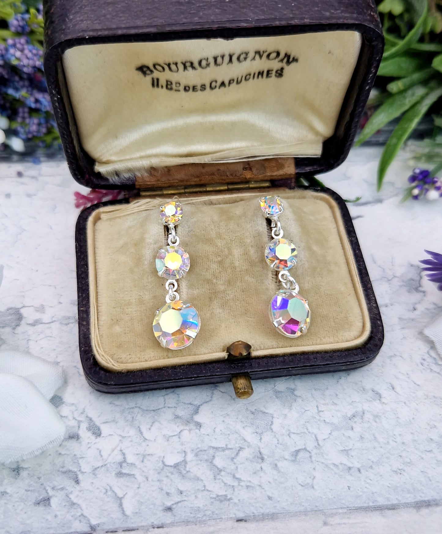Vintage Sterling Silver Faceted Aurora Borealis Glass Trilogy Hook Drop Earrings