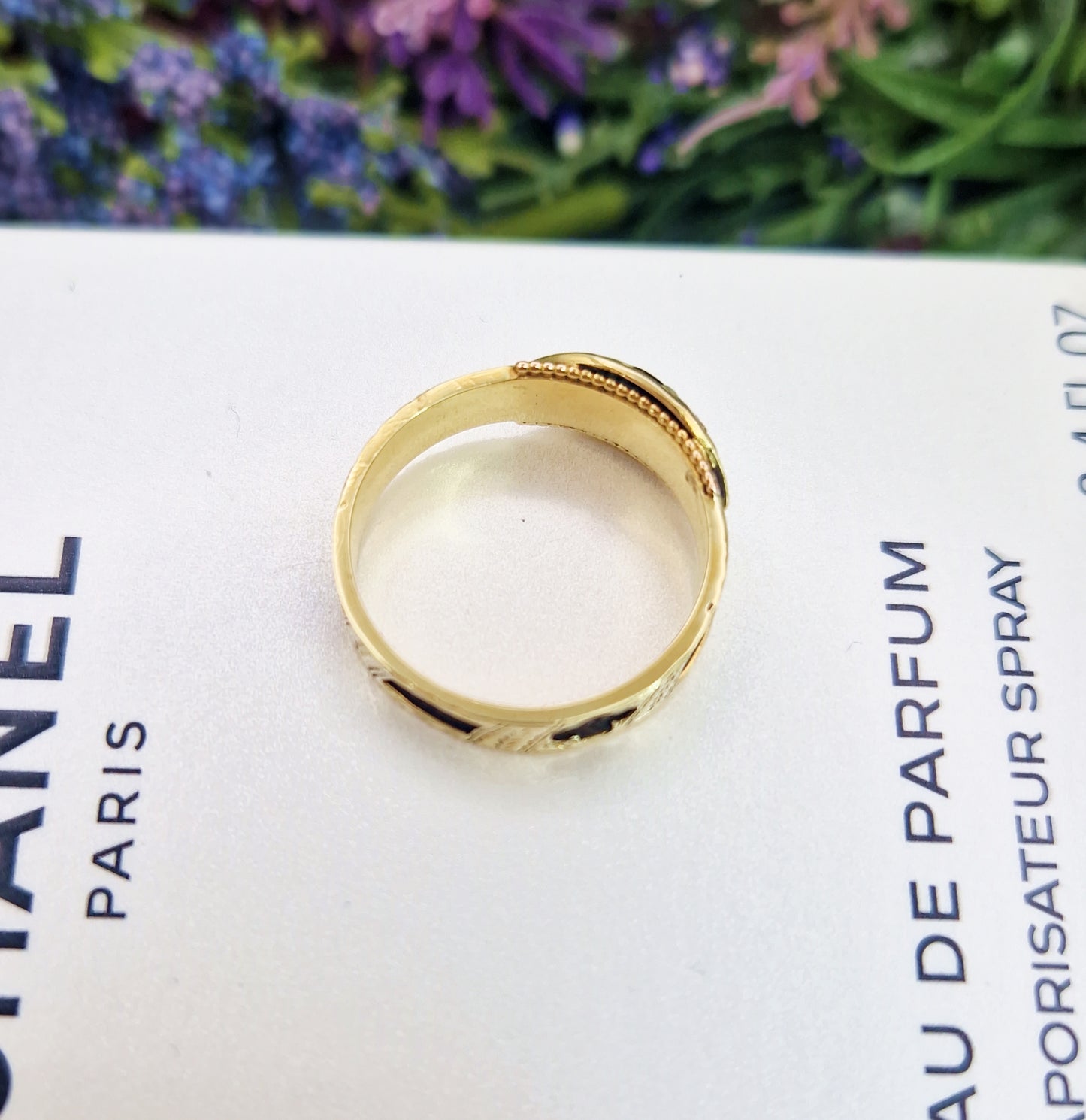 Antique Victorian 15ct Yellow Gold and Black Enamel Pearl Mourning Band Ring / Size P or 8