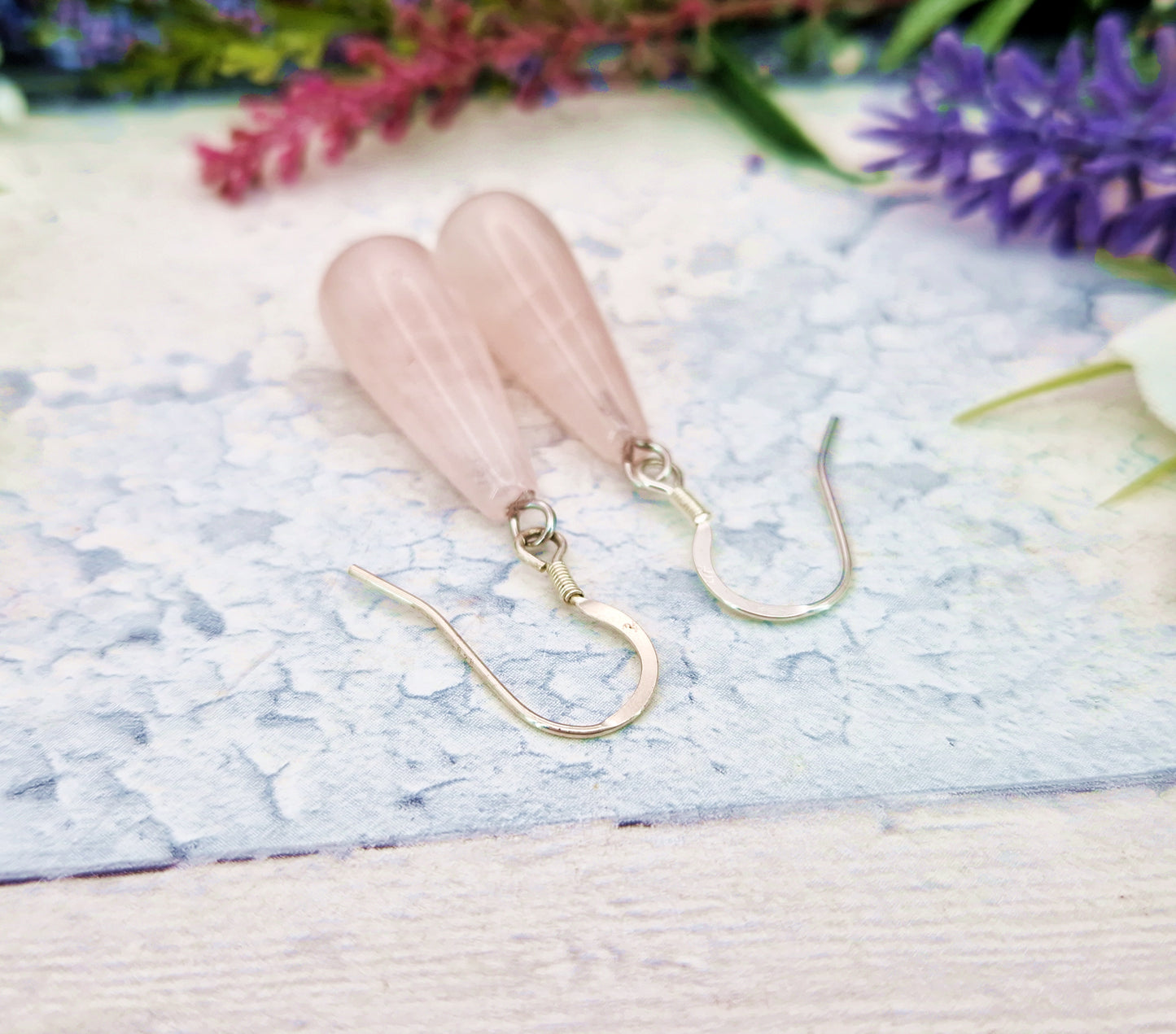 Vintage Sterling Silver Long Teardrop Polished Pink Rose Quartz Drop Earrings
