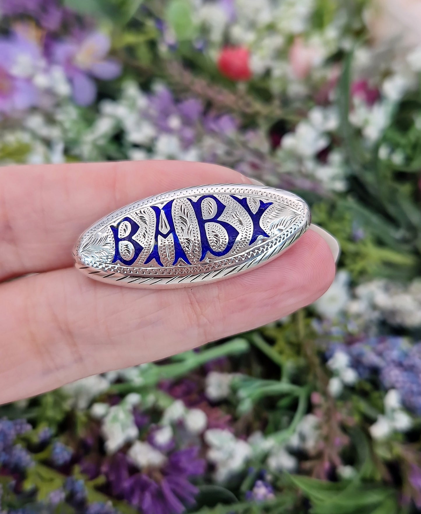 Antique Victorian Sterling Silver and Blue Enamel Engraved Baby Script Brooch