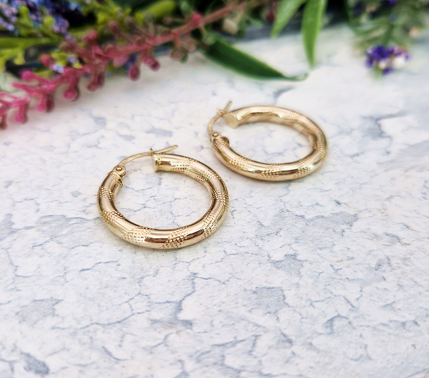 Vintage 9ct Yellow Gold Classic Textured Creole Round Hoop Earrings