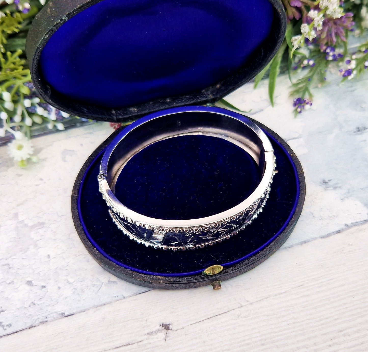Antique Victorian 1876 Sterling Silver Aesthetic Birds and Reeds Bangle Bracelet