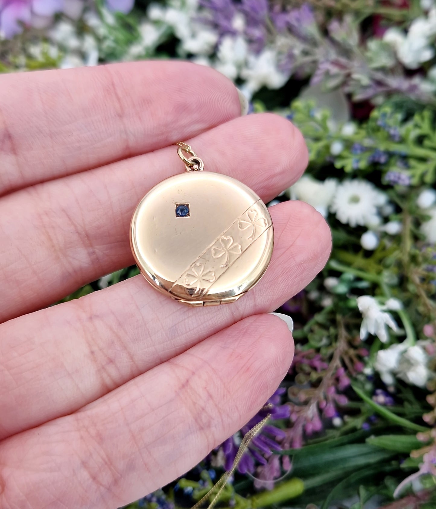 Antique Edwardian Gold Tone Circular Lucky Clover Locket Pendant with Blue Glass