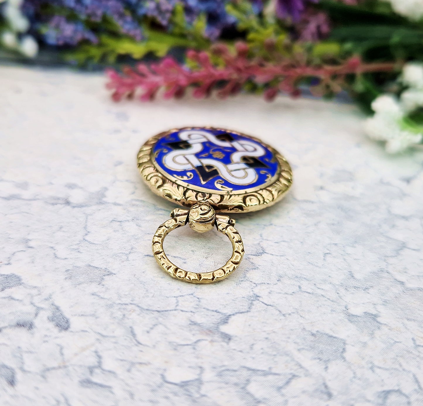 Antique Victorian Gold Tone Celtic Pattern Blue White and Black Enamel Locket Pendant