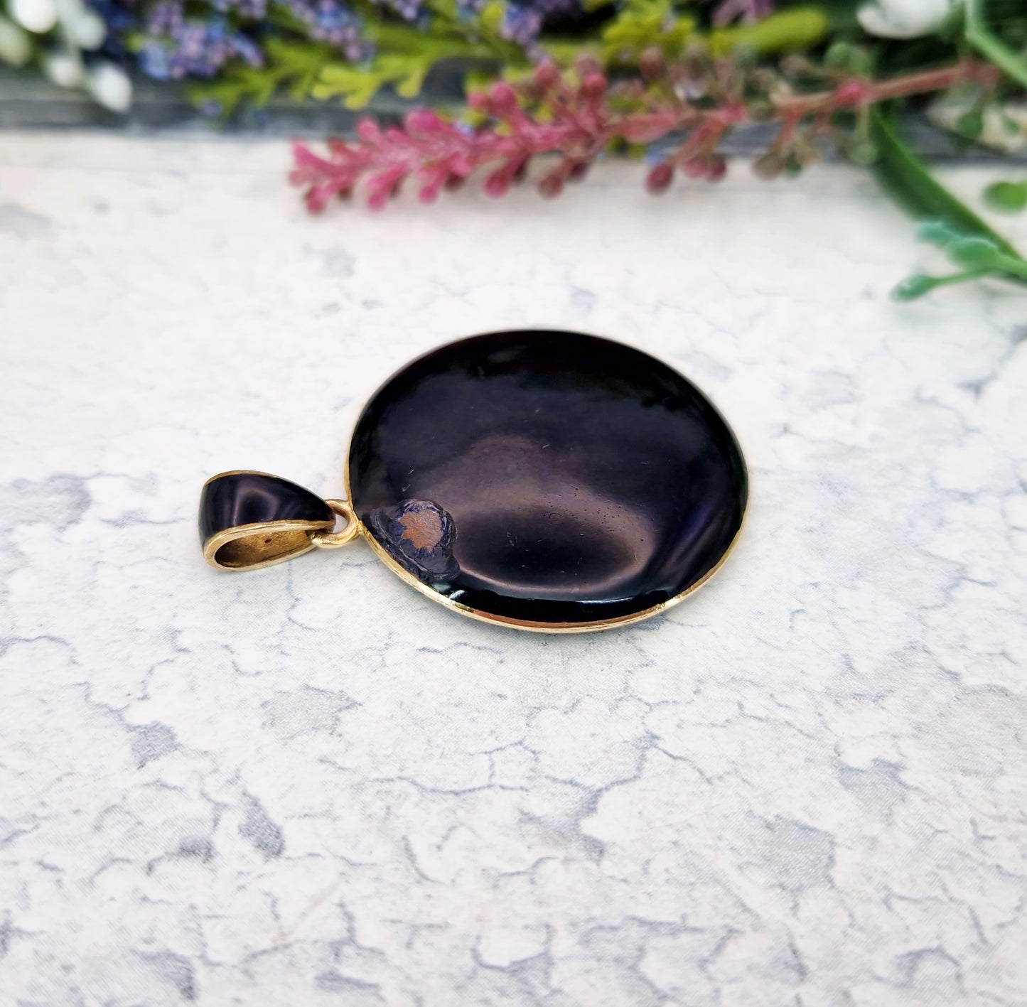 Antique Victorian Gold Tone Black Enamel & Glass Floral Locket Pendant