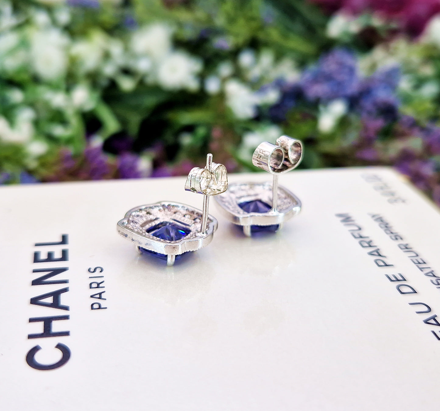 Vintage Art Deco Style Sterling Silver Tanzanite and Crystal Stud Earrings