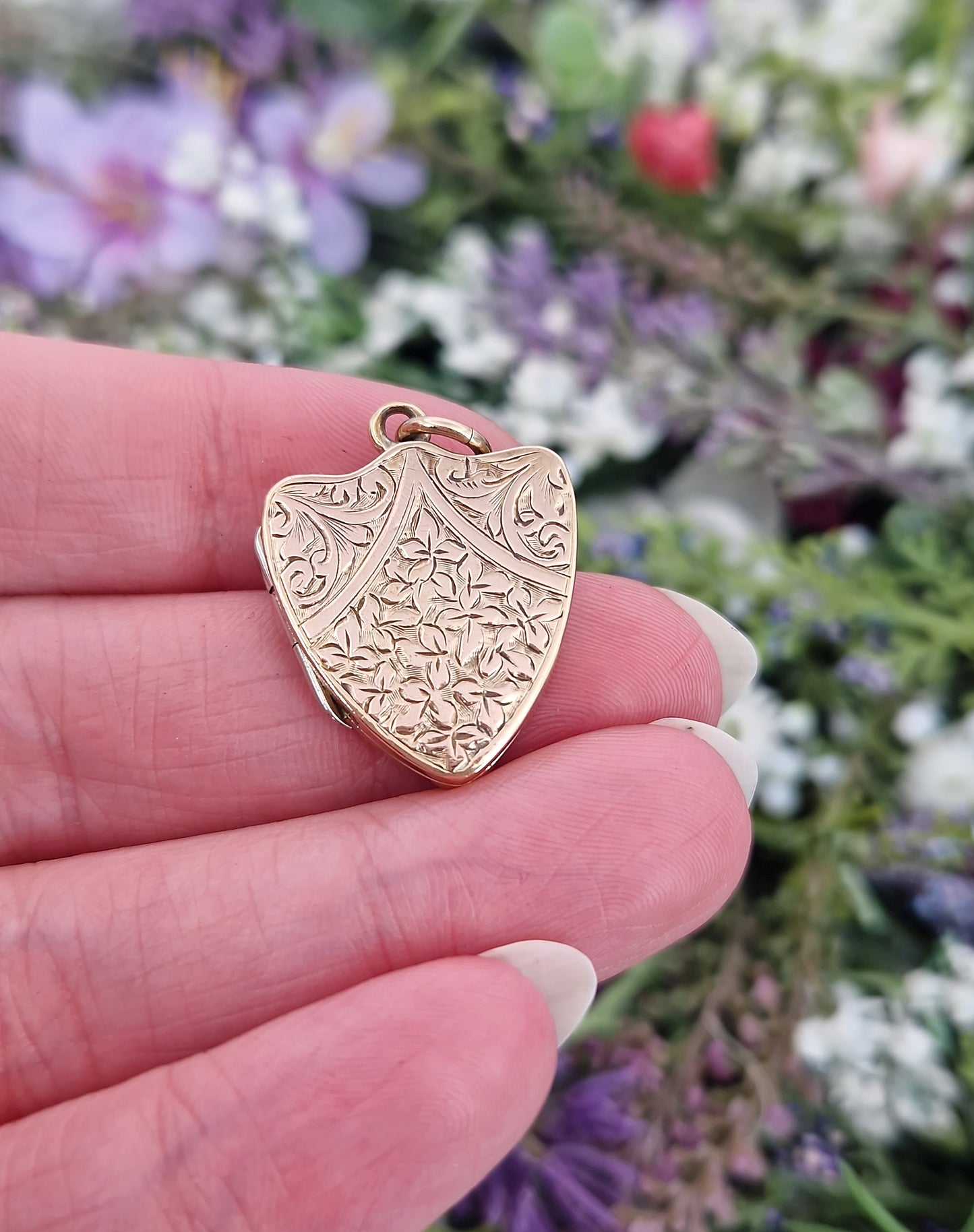 Antique Victorian Gold Tone Engraved Ornate Botanical Shield Locket Pendant