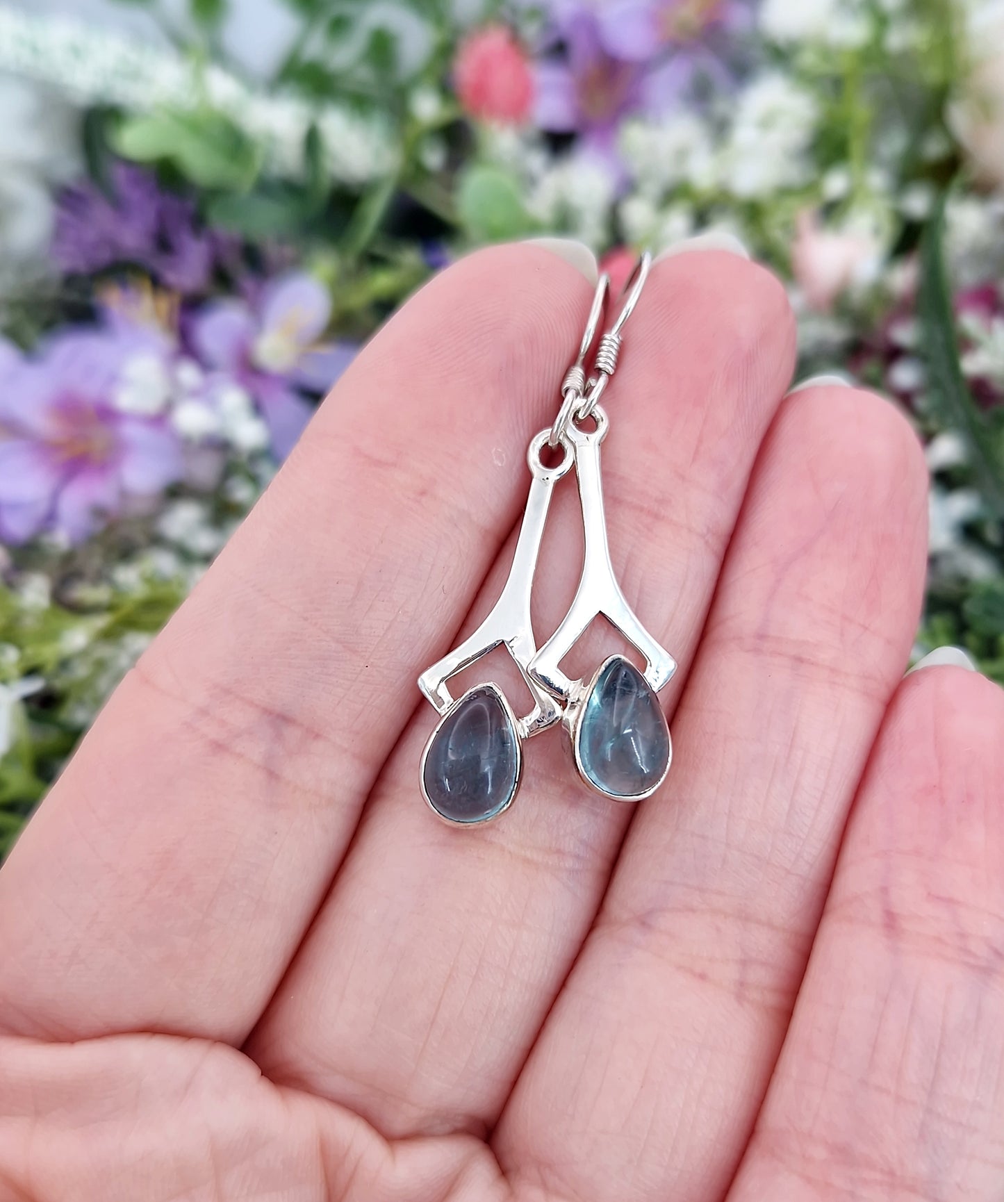 Vintage Sterling Silver Teardrop Aqua Fluorite Hook Drop Dangle Earrings