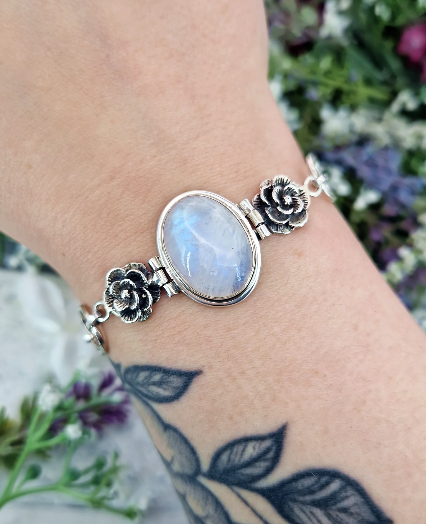Vintage Sterling Silver Large Moonstone Cabochon and Floral Rose Link Statement Bracelet