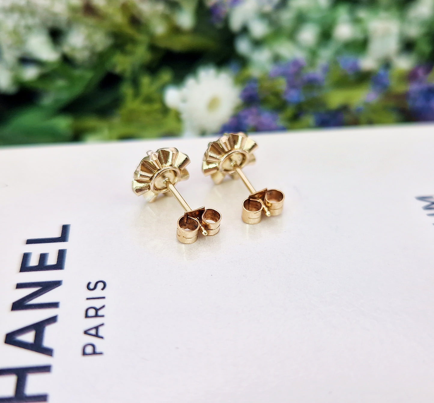 Vintage 9ct Yellow Gold Dainty Flower Stud Earrings with Pink Ruby Gemstones