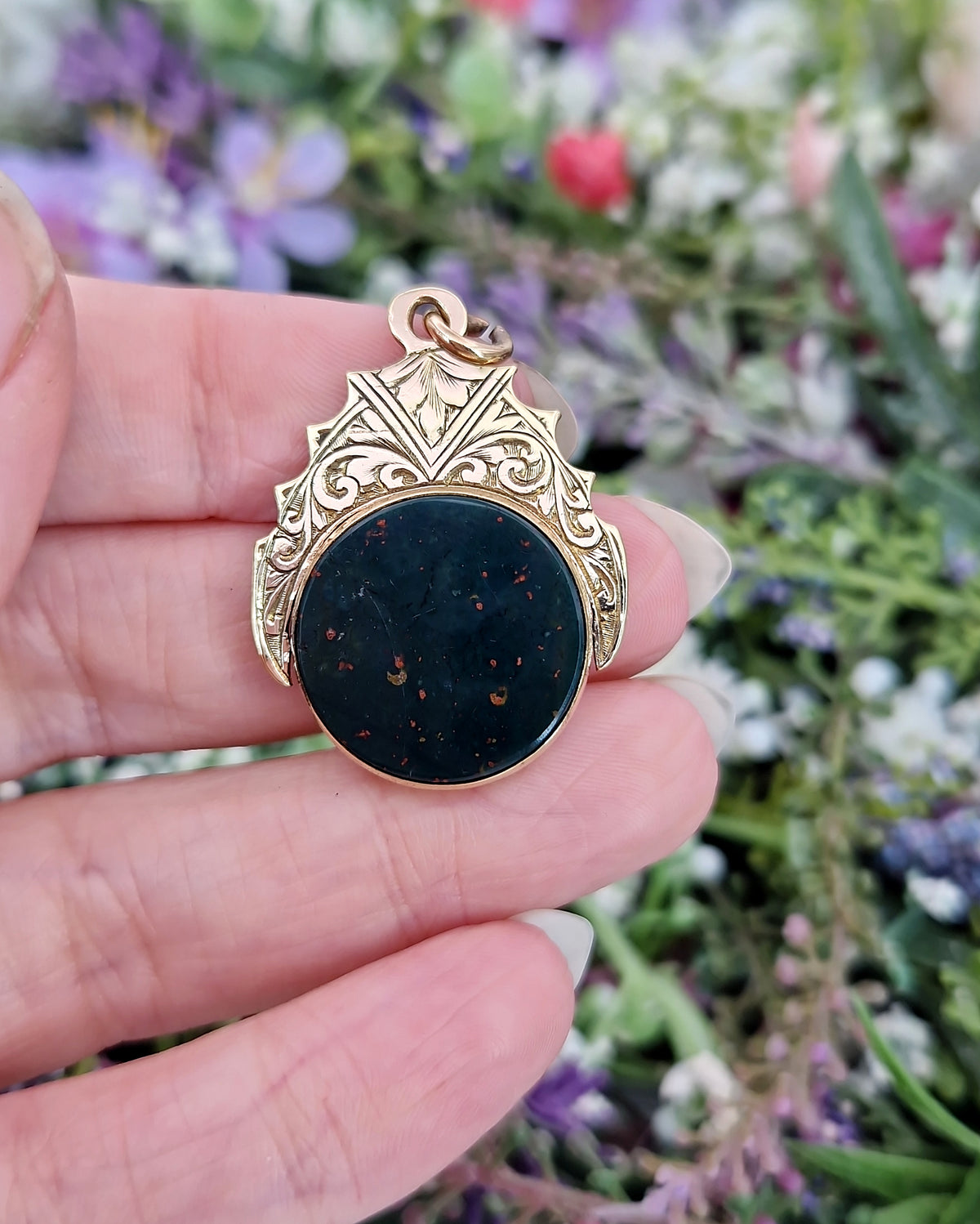Antique Victorian 9ct Gold Ornate Carnelian and Bloodstone Spinner Pendant / Fob