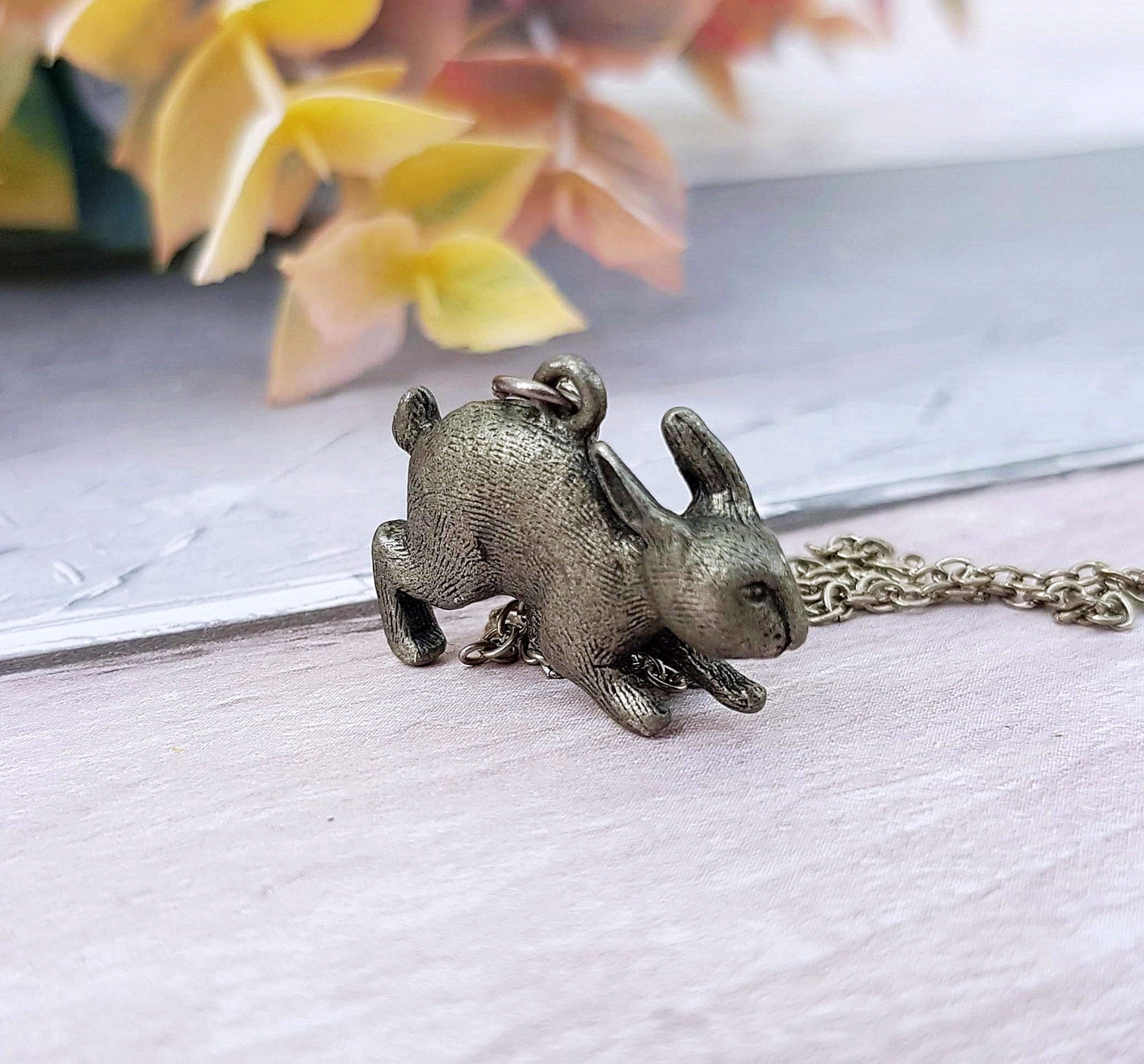 Vintage Darkened Silver Tone Cute Detailed 3D Rabbit Pendant Necklace Chain