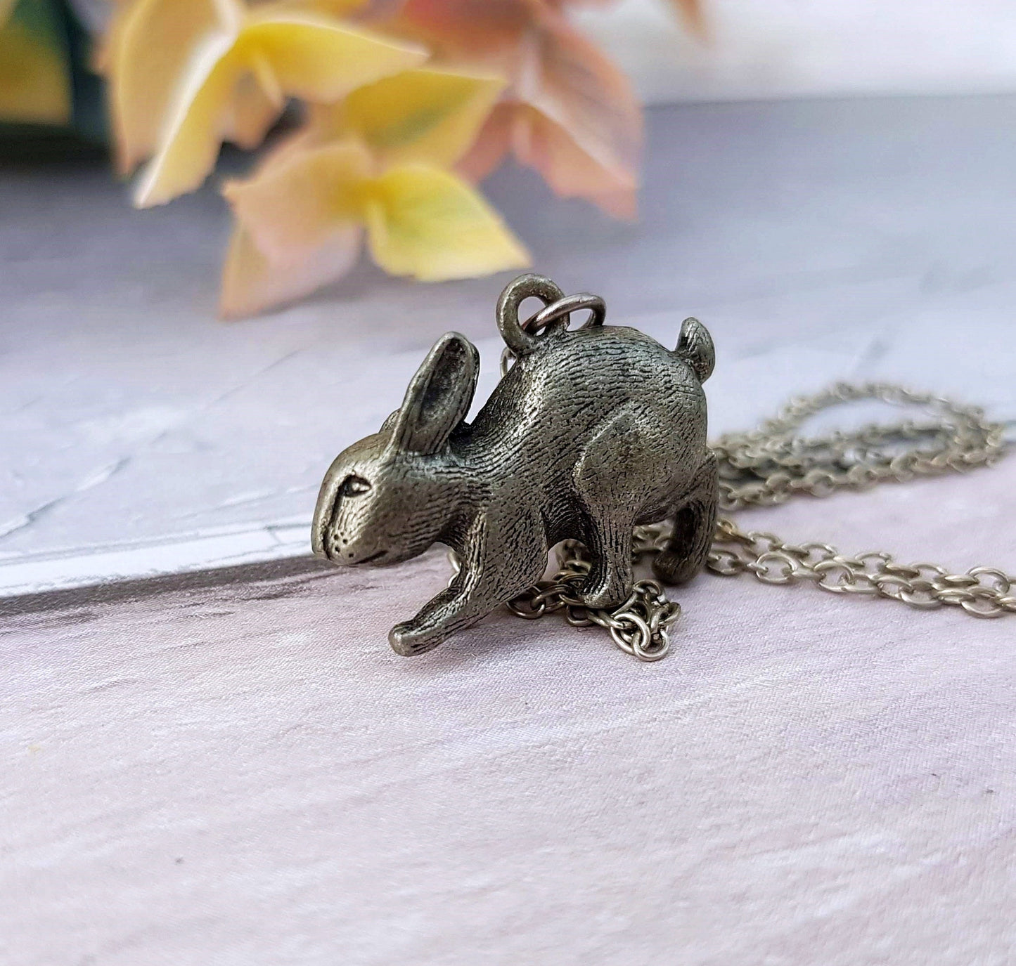 Vintage Darkened Silver Tone Cute Detailed 3D Rabbit Pendant Necklace Chain
