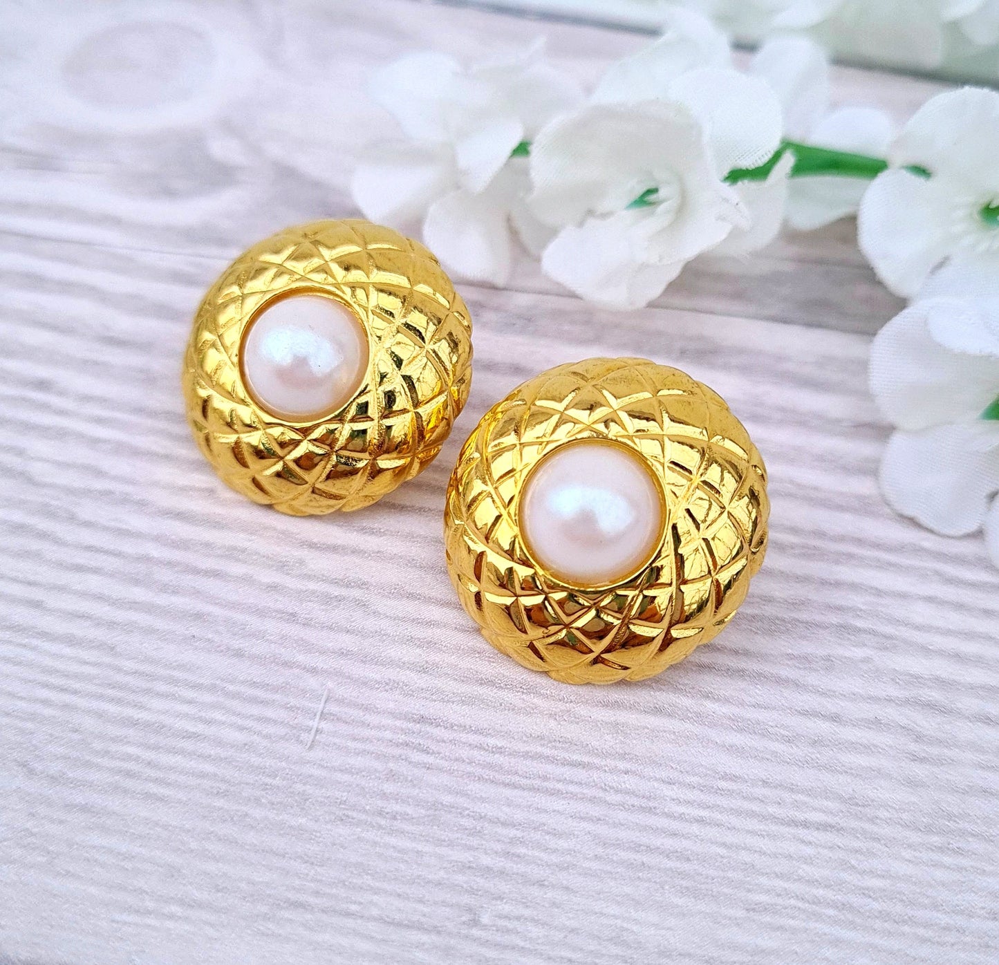 Vintage Large Retro Gold Plated Faux Pearl Cabochon Stud Statement Earrings