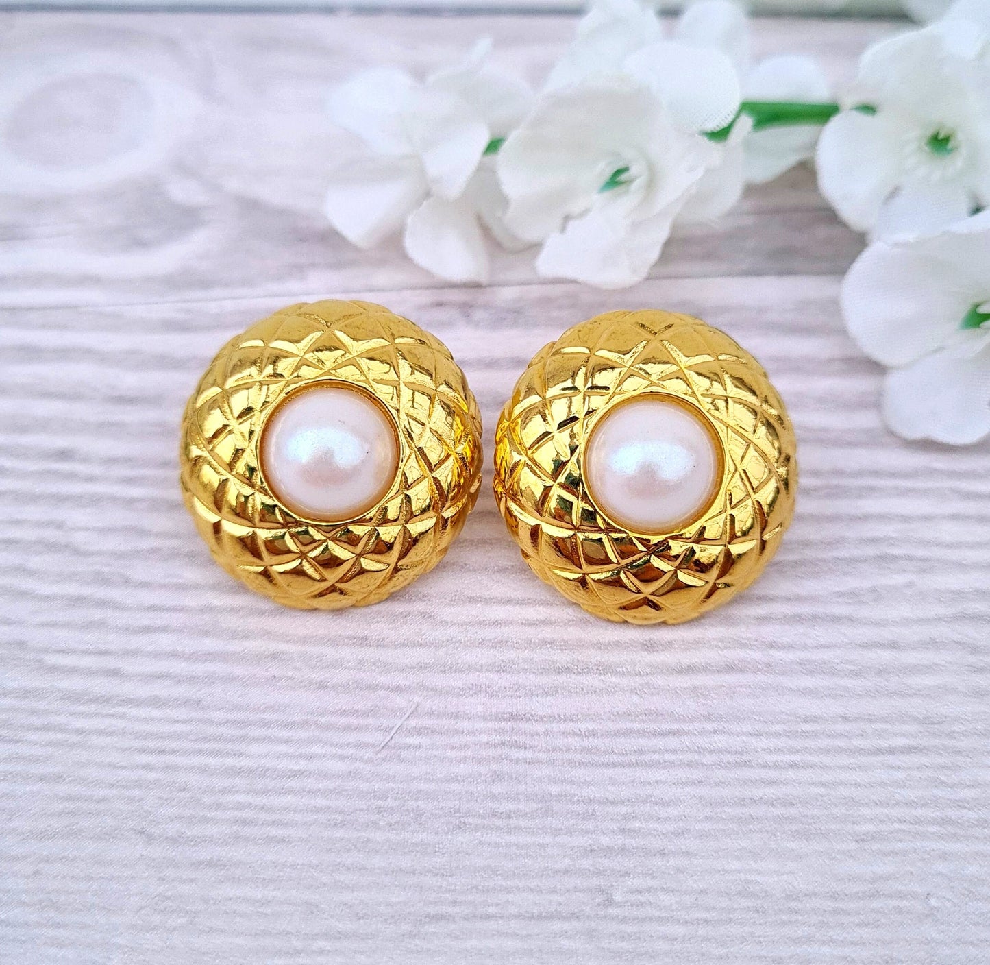 Vintage Large Retro Gold Plated Faux Pearl Cabochon Stud Statement Earrings