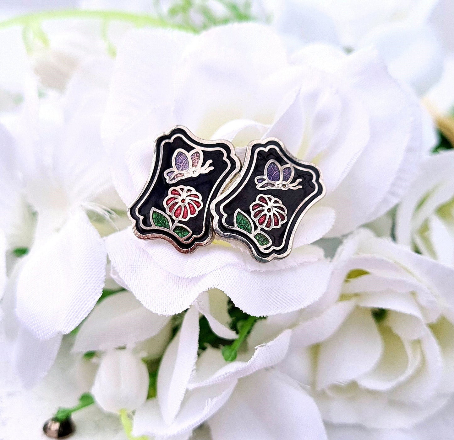 Vintage Silver Tone Black Enamel Butterfly Plaque Cloisonne Stud Earrings