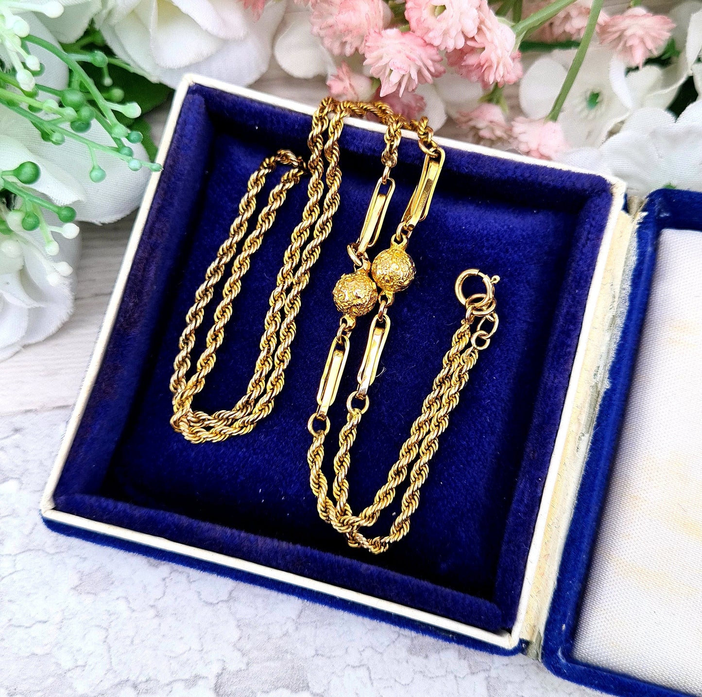 Antique Edwardian Solid 9ct Yellow Gold Fancy Ball and Rope 18.5" Necklace Chain for Pendant / 8.2 grams