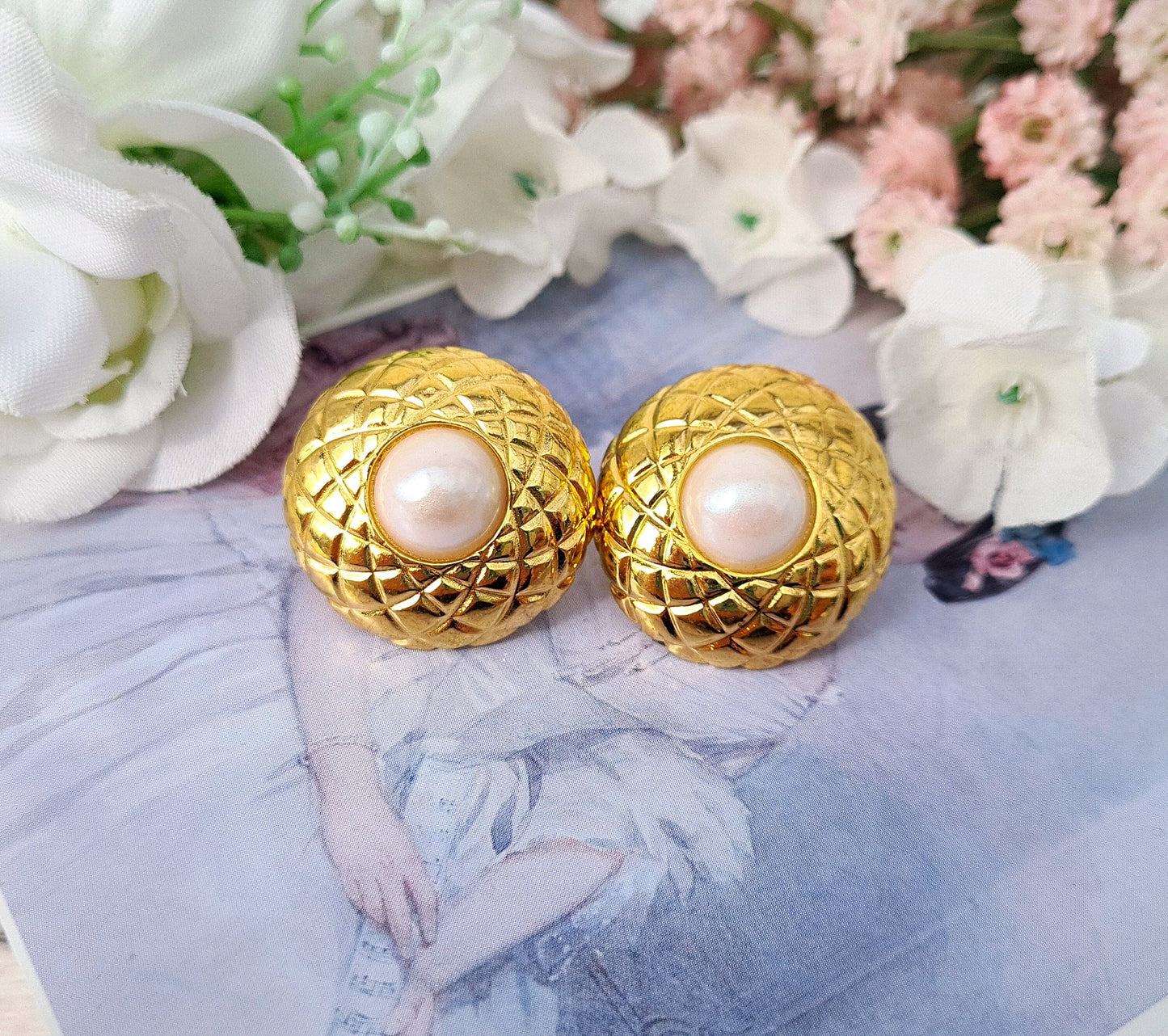 Vintage Large Retro Gold Plated Faux Pearl Cabochon Stud Statement Earrings