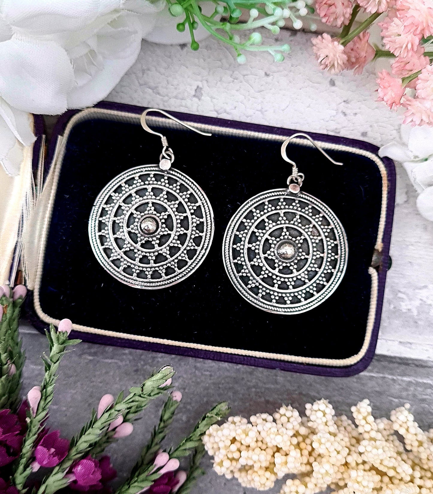 Vintage Sterling Silver Etruscan Style Large Statement Detailed Star Disc Hook Drop Earrings