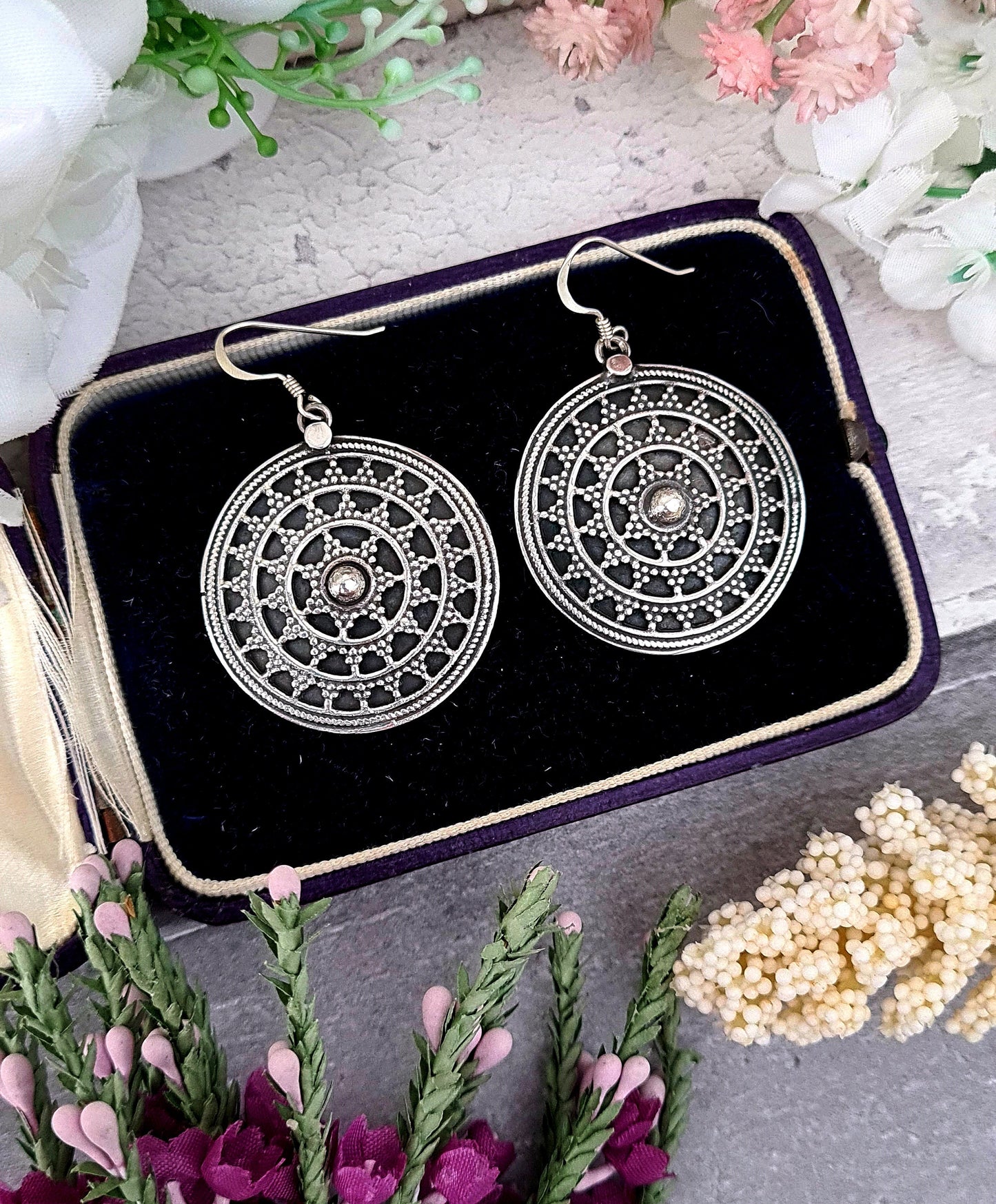Vintage Sterling Silver Etruscan Style Large Statement Detailed Star Disc Hook Drop Earrings
