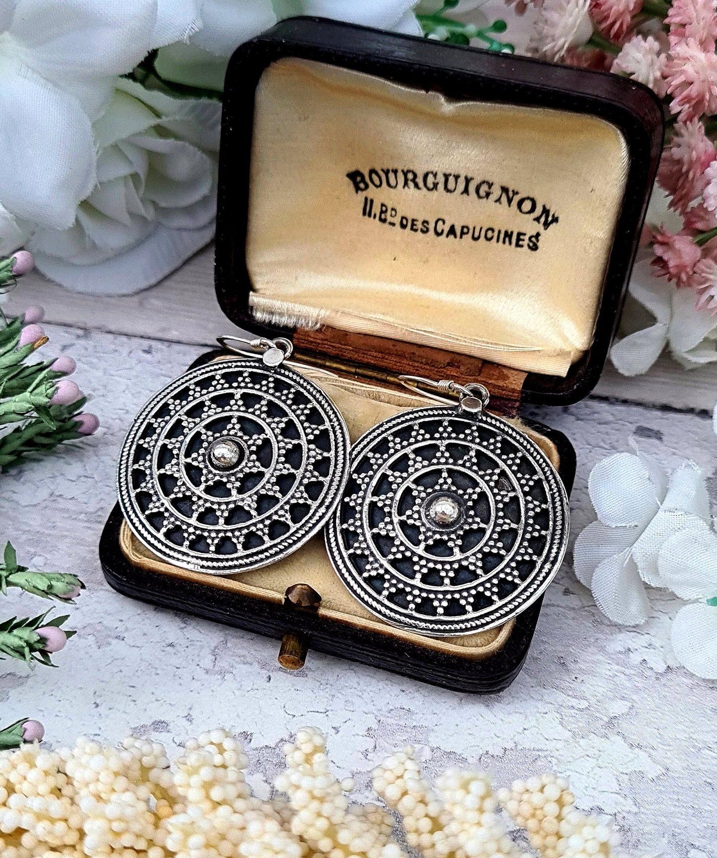 Vintage Sterling Silver Etruscan Style Large Statement Detailed Star Disc Hook Drop Earrings