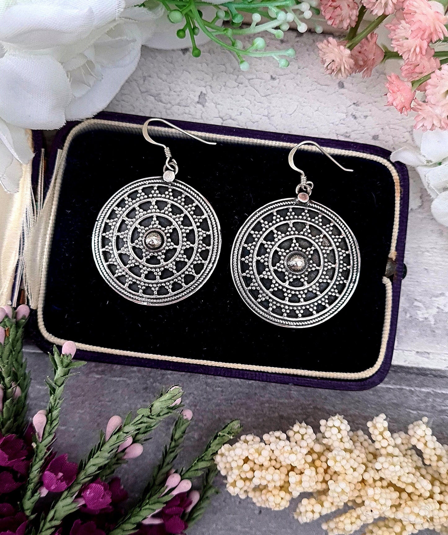 Vintage Sterling Silver Etruscan Style Large Statement Detailed Star Disc Hook Drop Earrings