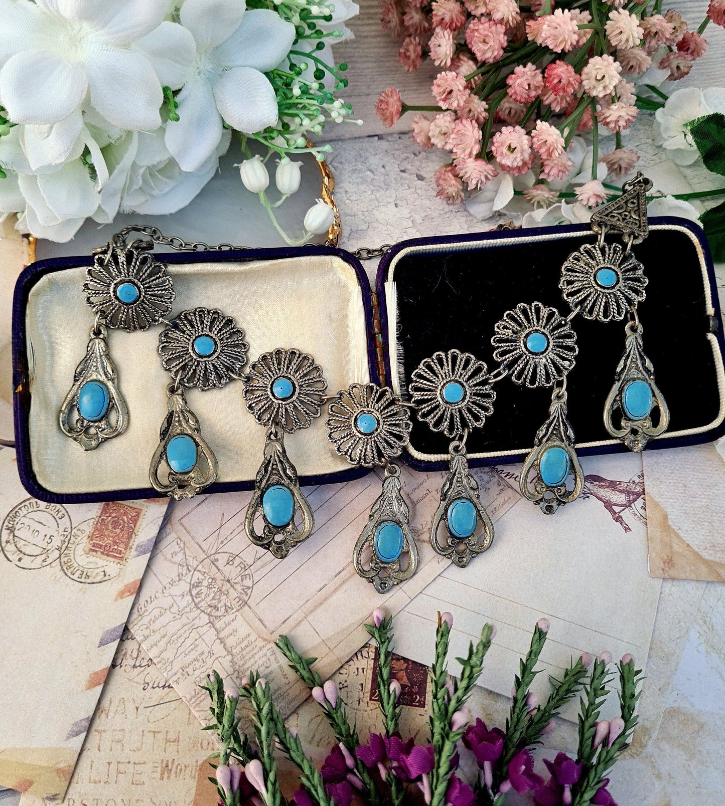 Vintage Silver Tone Amazing Turquoise Enamel Large Statement Fringed Collar Necklace