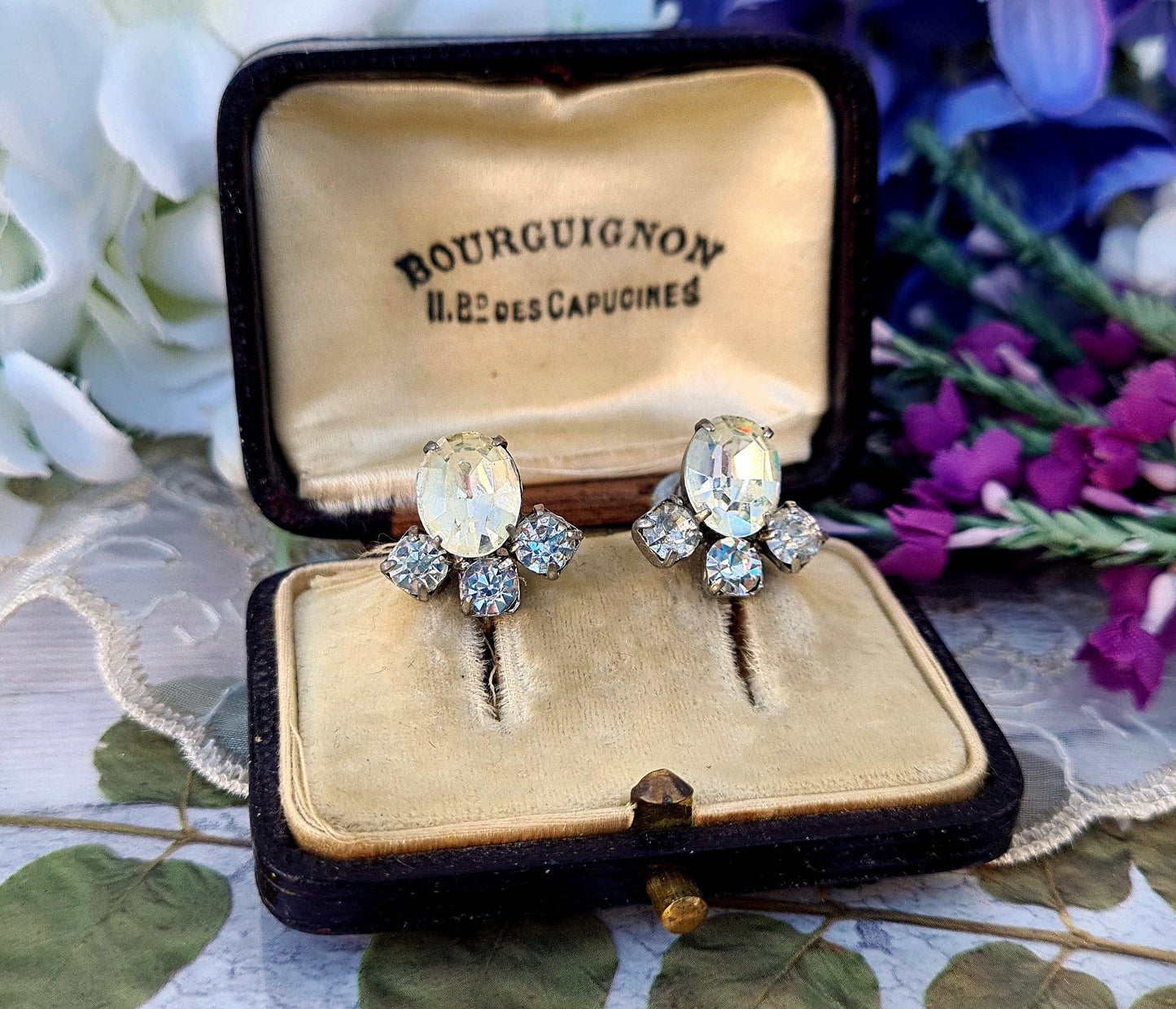 Vintage Art Deco Silver Tone Clear Foil Backs Glass Statement Fan Screw Back / Screw On Earrings