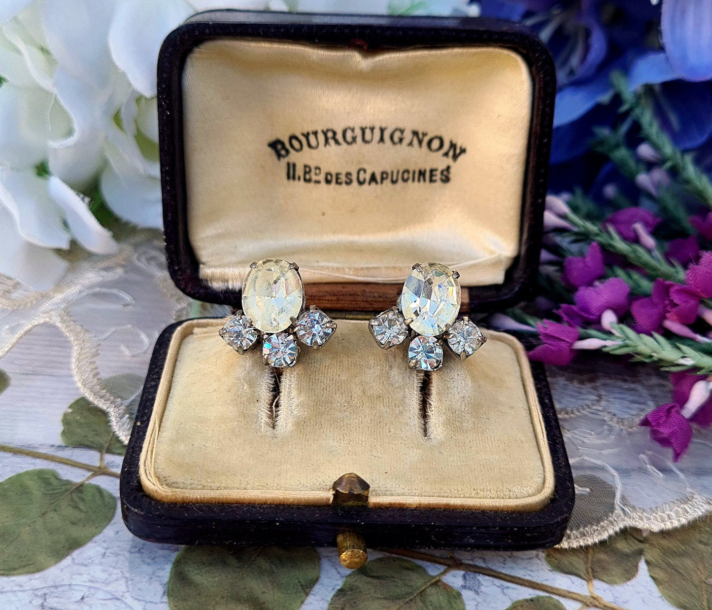 Vintage Art Deco Silver Tone Clear Foil Backs Glass Statement Fan Screw Back / Screw On Earrings