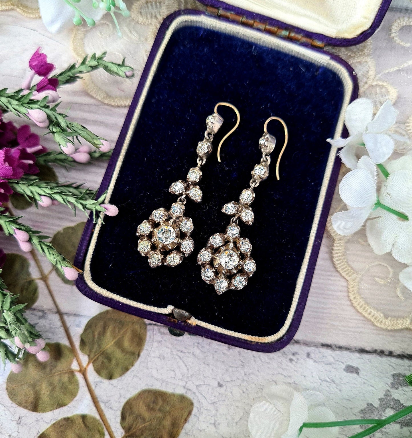 Antique Victorian 9ct Gold and Sterling Silver Pinched Collet Paste Cluster Hook Earrings