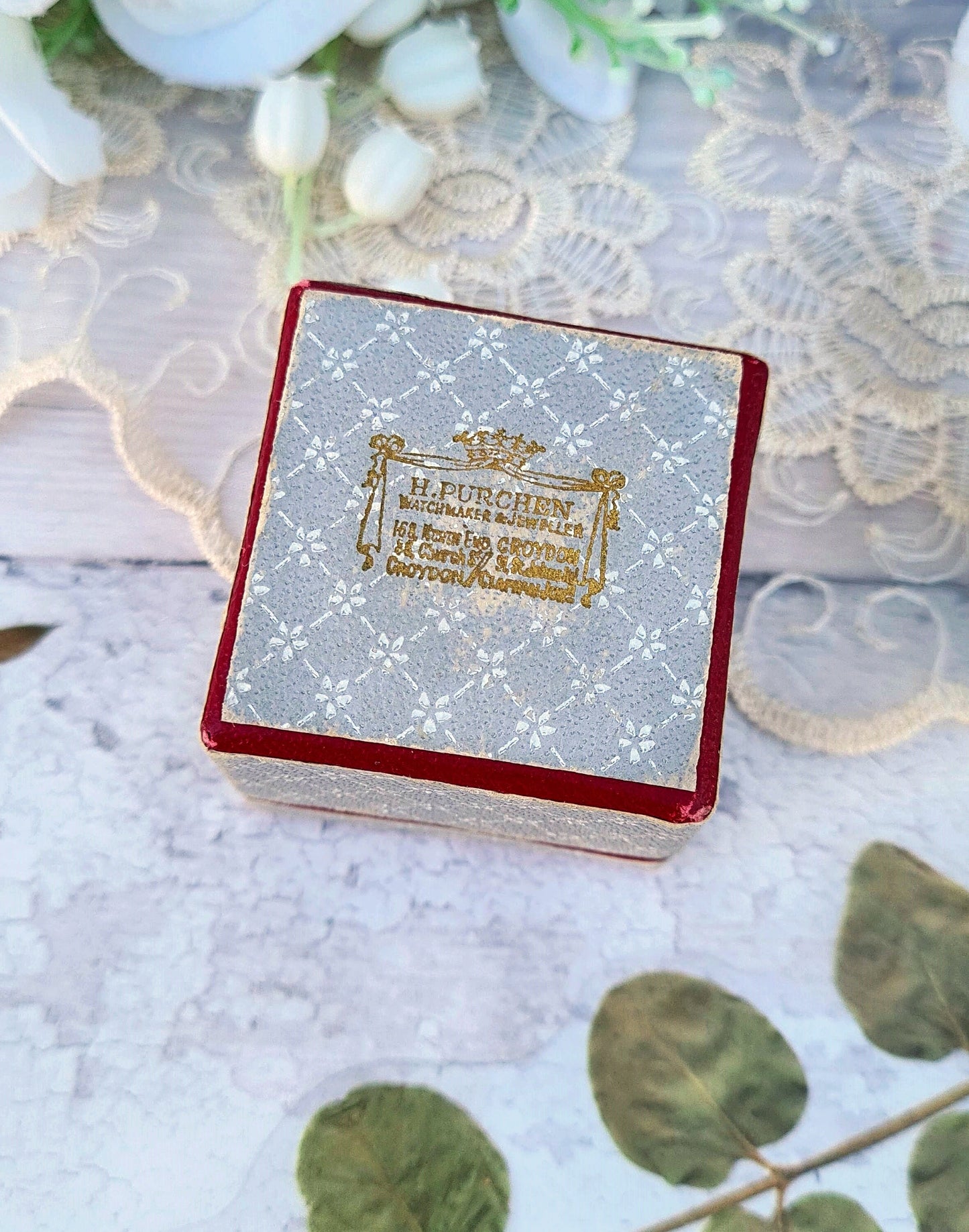 Vintage H. Purchen Jeweller Croydon Light Grey and Red Interior Jewellery Ring Box for Display Collection Gift