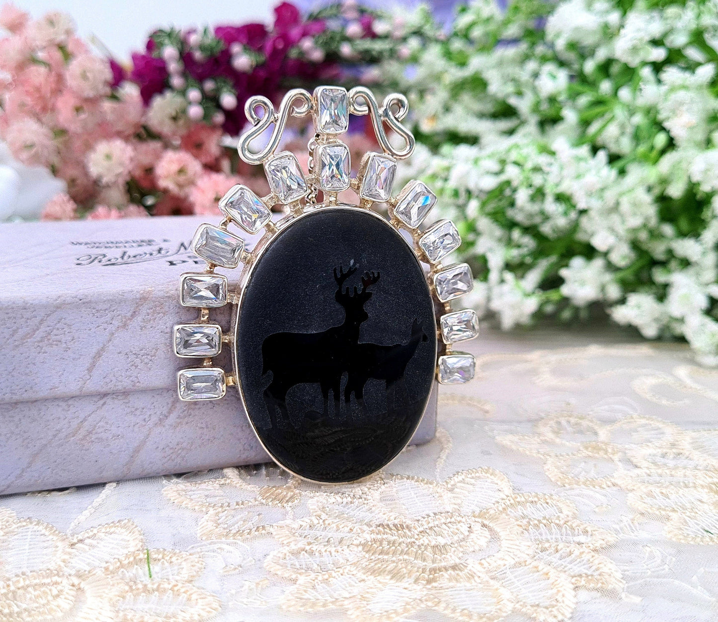 Vintage Sterling Silver Huge Statement Pendant Necklace with Black Glass & Carved Stag with Deer