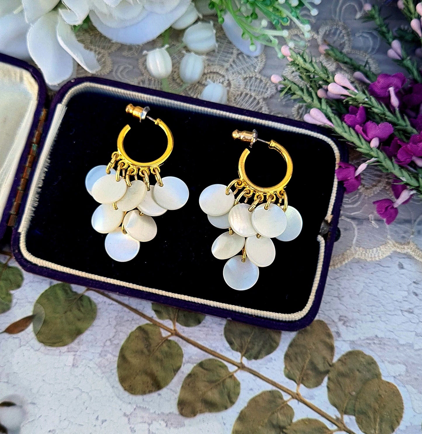 Vintage Gold Tone Hoop Stud Style Mother of Pearl Disc Fringe Drop Earrings