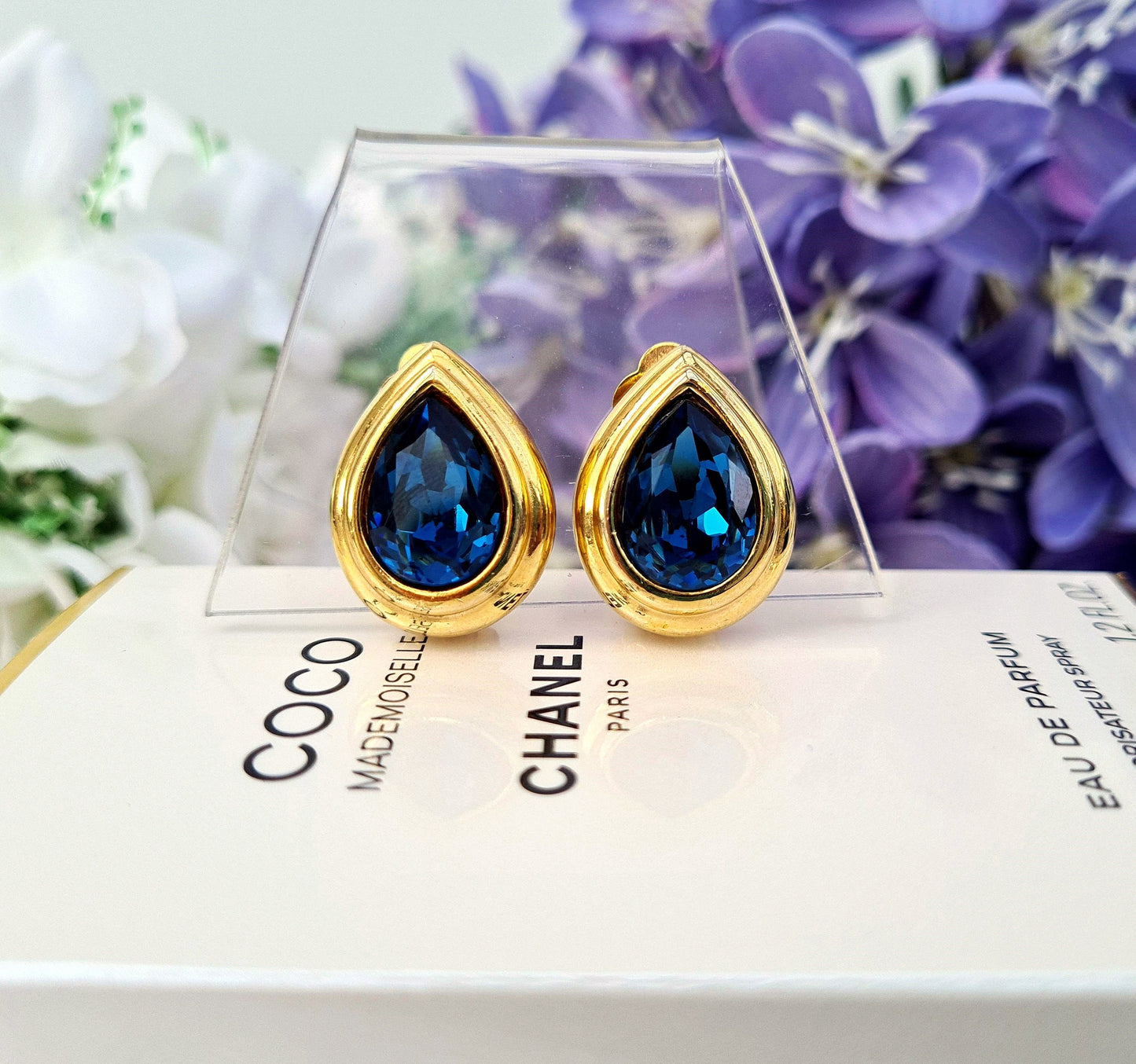 Vintage Spinx Gold Plated Large Royal Blue Glass Teardrop Statement Clip On Earrings