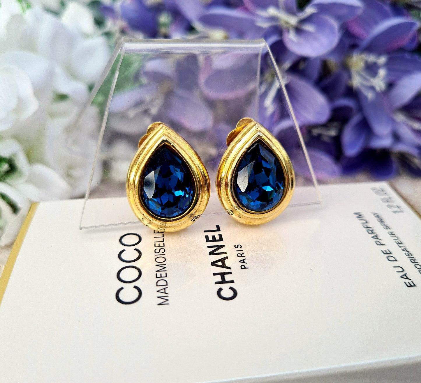 Vintage Spinx Gold Plated Large Royal Blue Glass Teardrop Statement Clip On Earrings