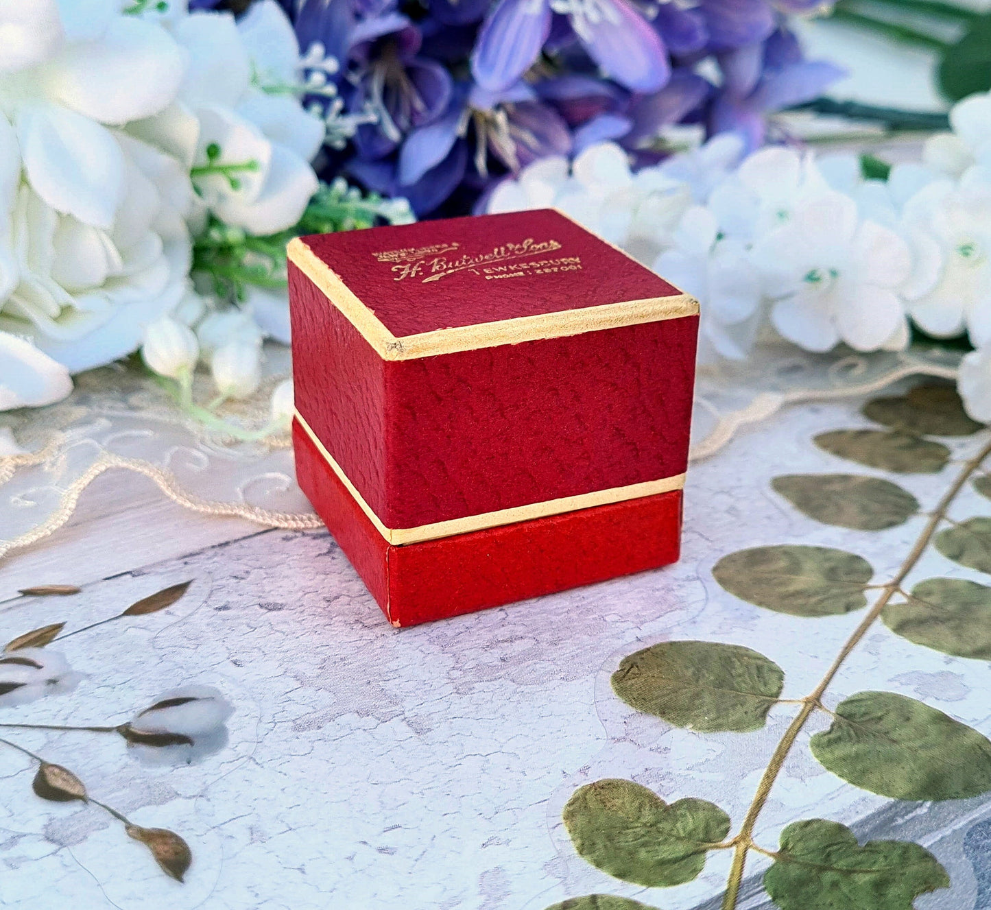 Vintage H. Butwell & Sons Tewkesbury Red and Cream Jewellery Ring Box for Display Collection Gift