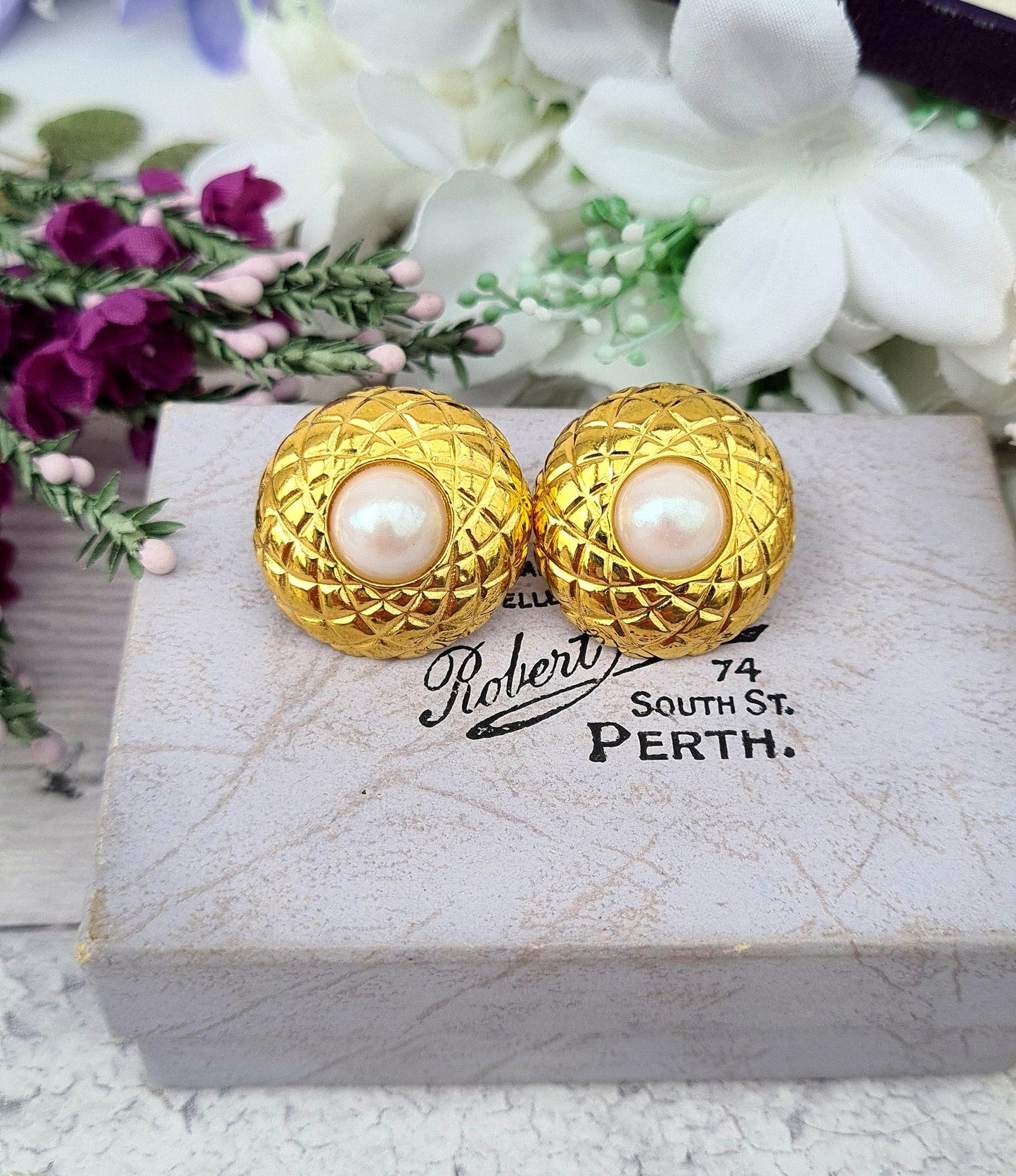 Vintage Large Retro Gold Plated Faux Pearl Cabochon Stud Statement Earrings