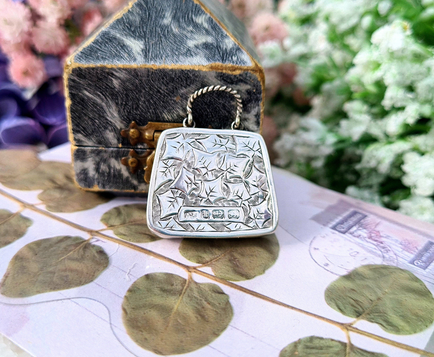 Antique 1884 Victorian Sterling Silver Rare Handbag Pendant with Engraved Ivy Leaves