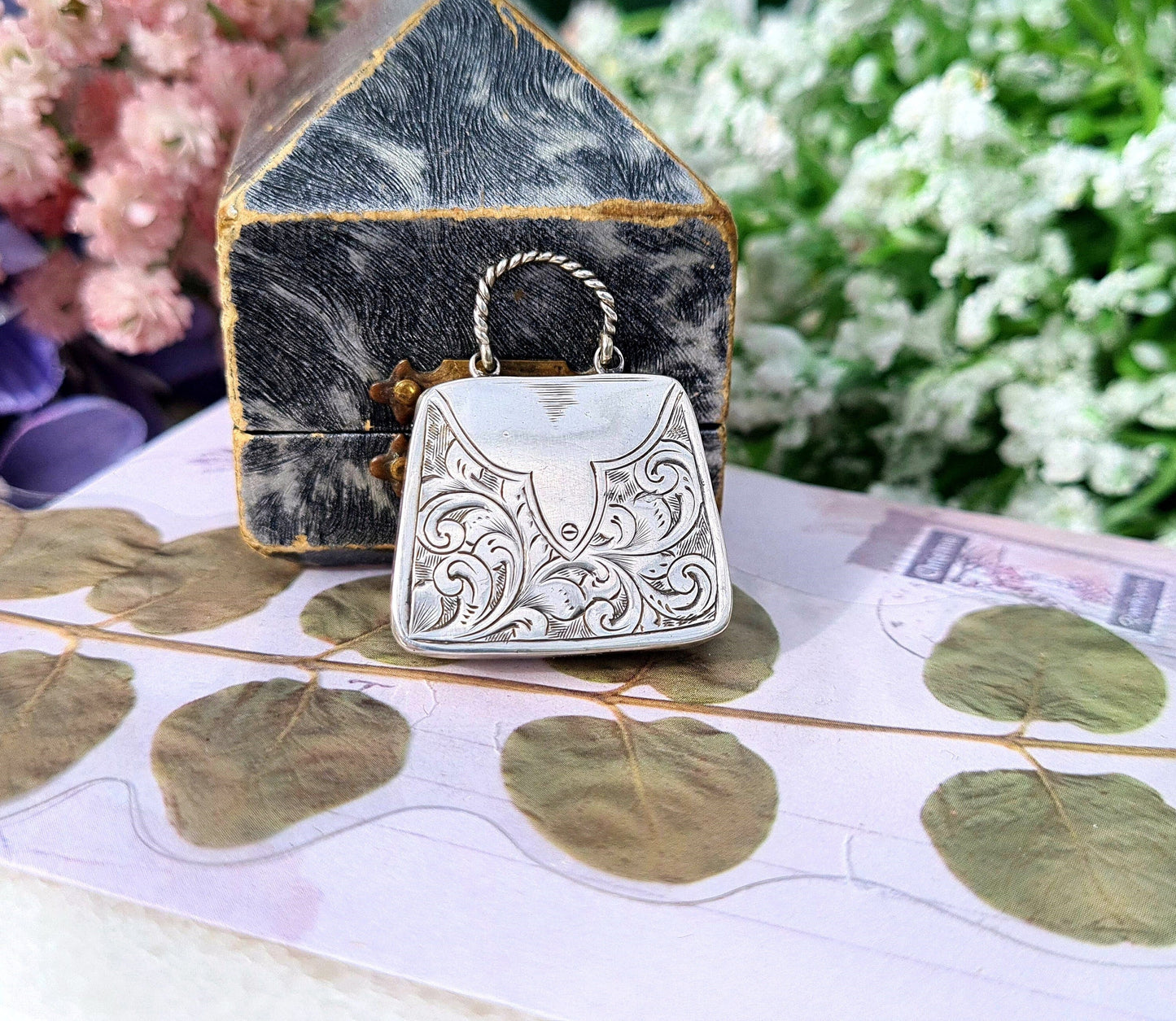 Antique 1884 Victorian Sterling Silver Rare Handbag Pendant with Engraved Ivy Leaves