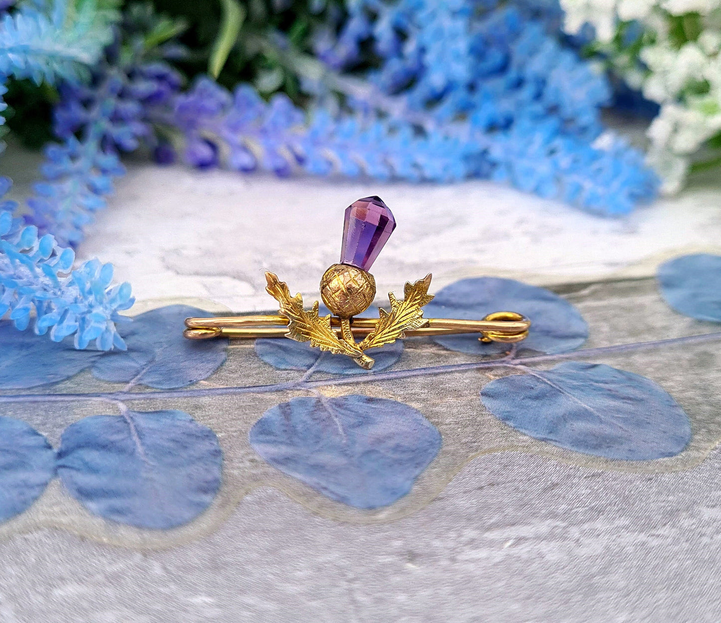Antique Victorian 9ct Yellow Gold Purple Scottish Thistle Brooch Pin