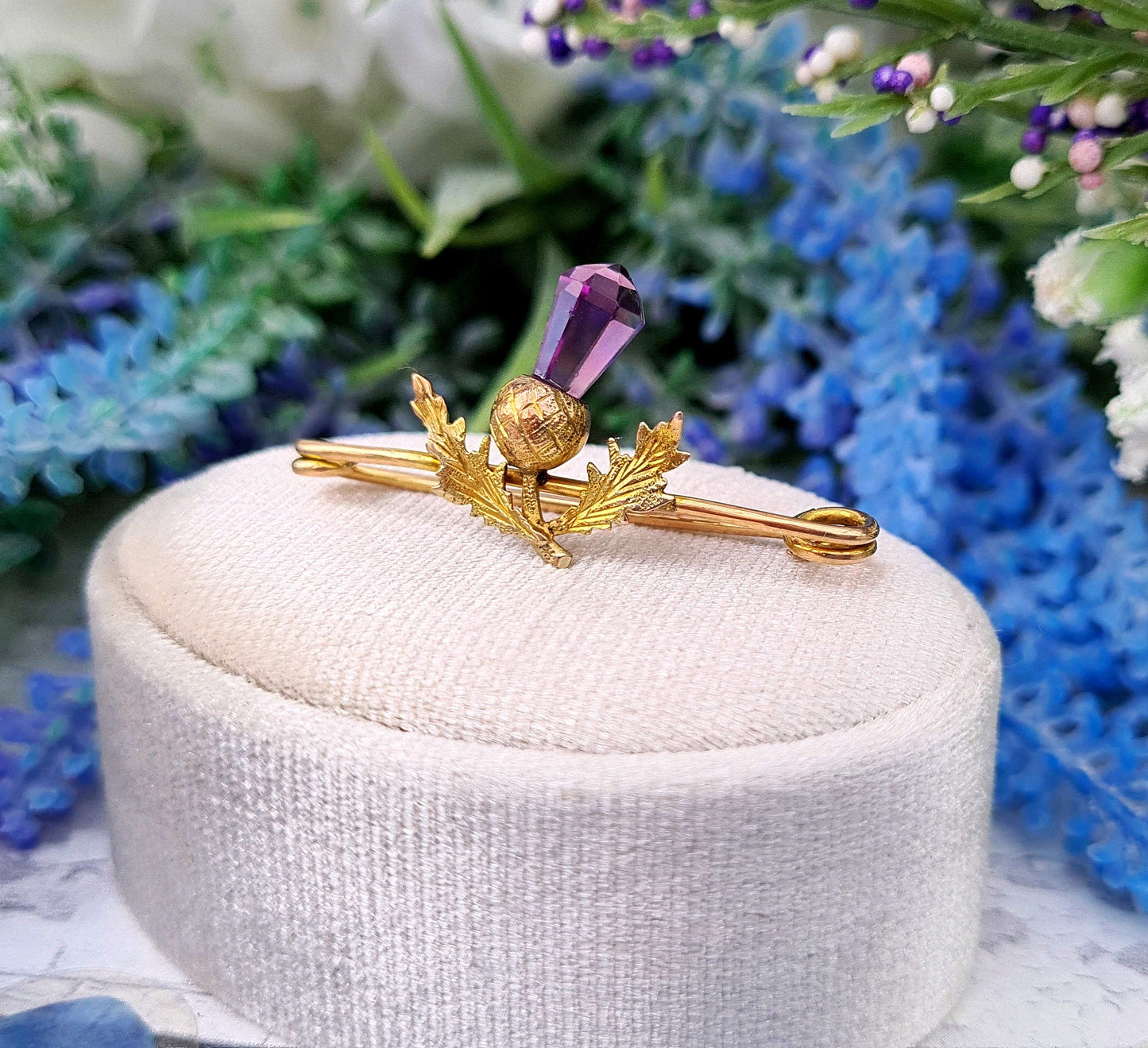 Antique Victorian 9ct Yellow Gold Purple Scottish Thistle Brooch Pin
