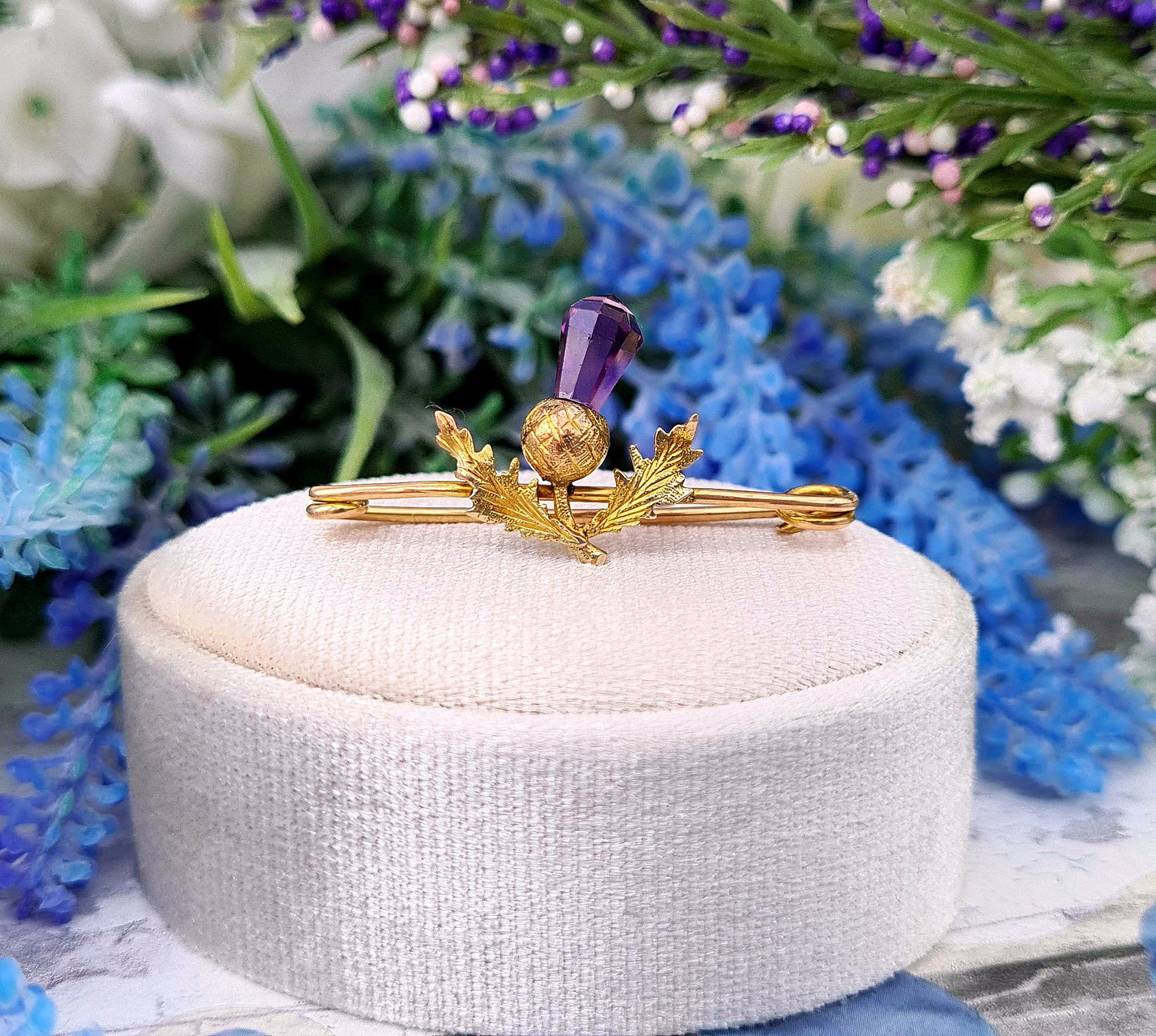 Antique Victorian 9ct Yellow Gold Purple Scottish Thistle Brooch Pin