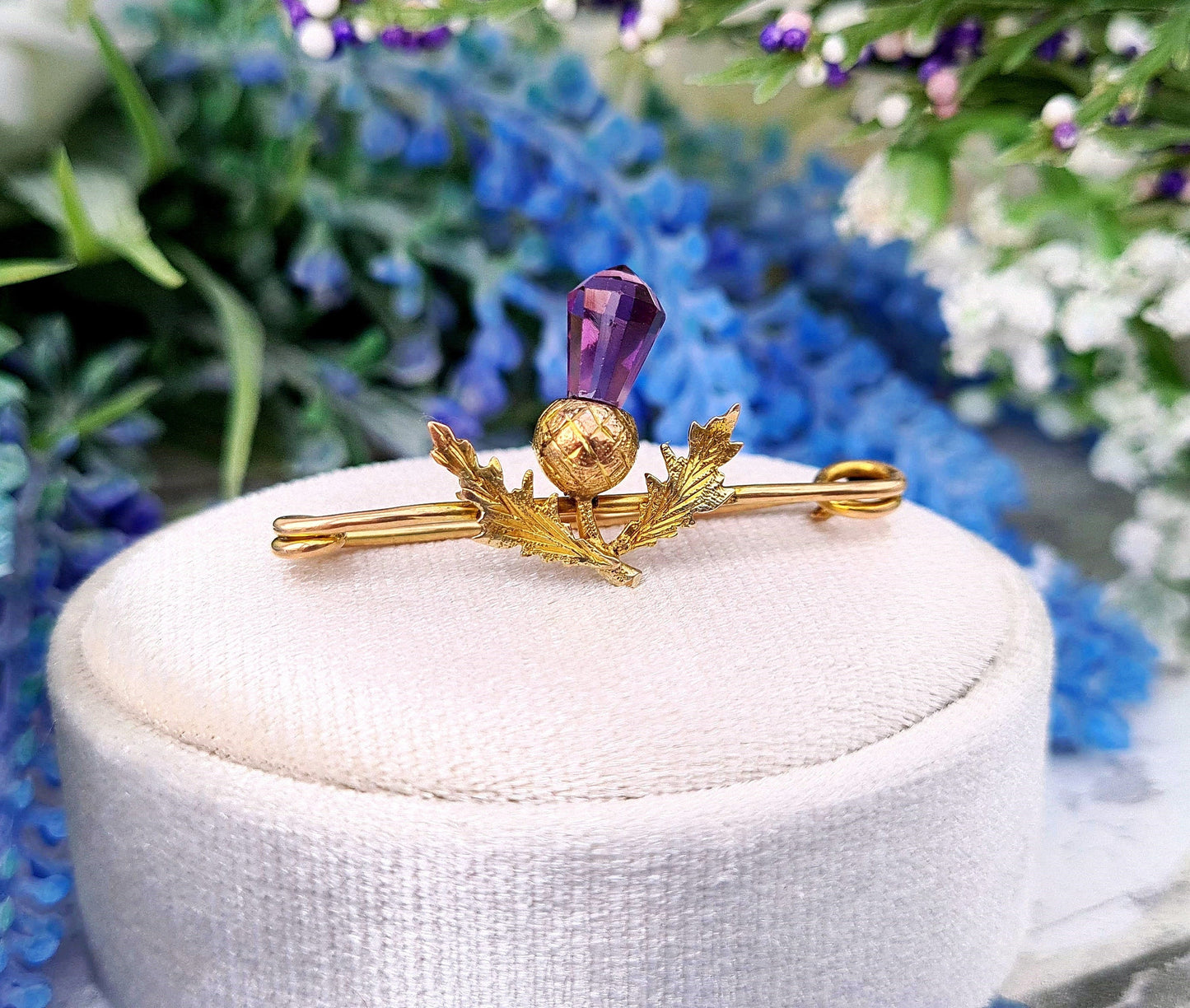 Antique Victorian 9ct Yellow Gold Purple Scottish Thistle Brooch Pin