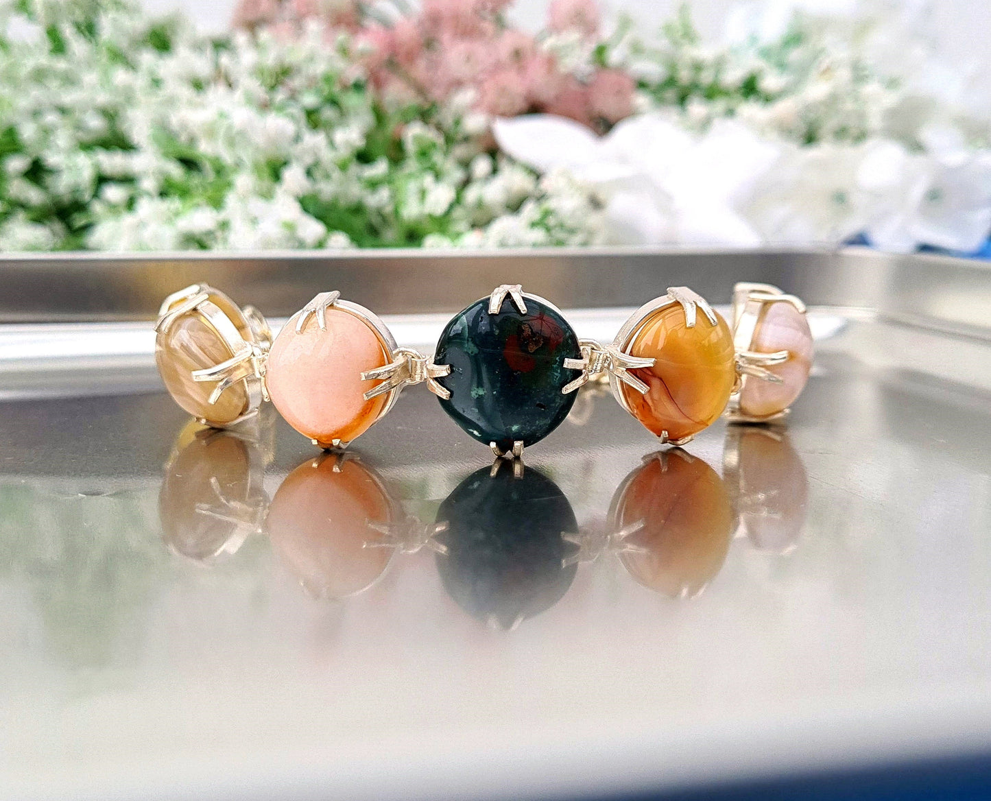 Vintage Silver Tone Colourful Earthy Green Brown and Orange Scottish Agate Cabochon Statement Bracelet
