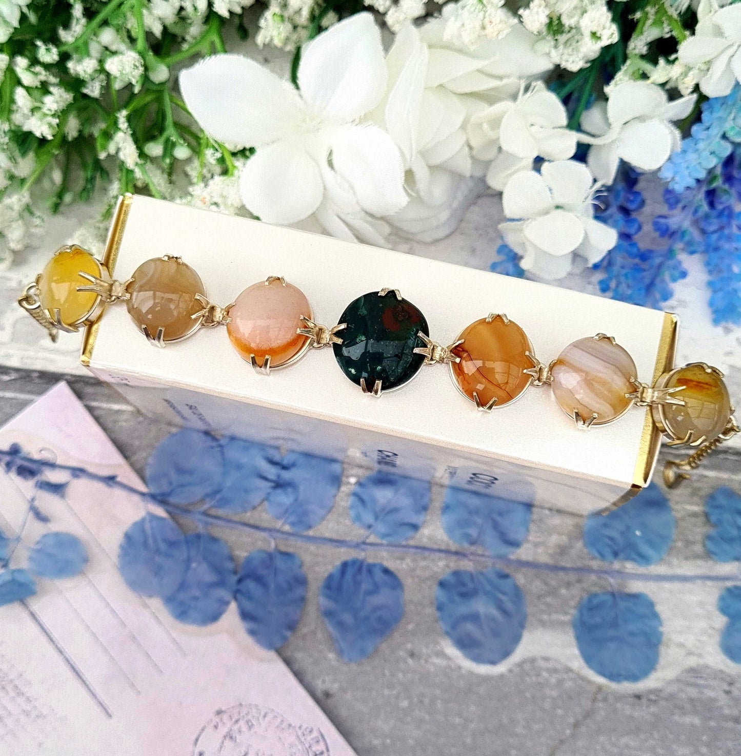 Vintage Silver Tone Colourful Earthy Green Brown and Orange Scottish Agate Cabochon Statement Bracelet