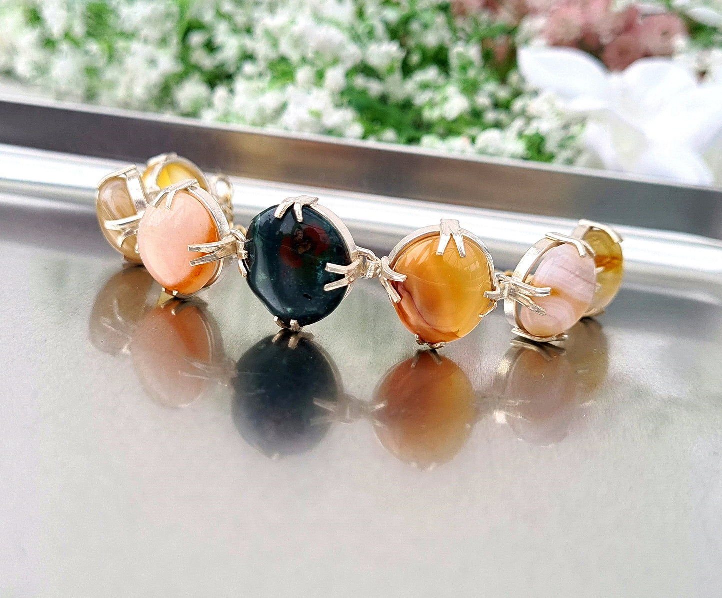 Vintage Silver Tone Colourful Earthy Green Brown and Orange Scottish Agate Cabochon Statement Bracelet