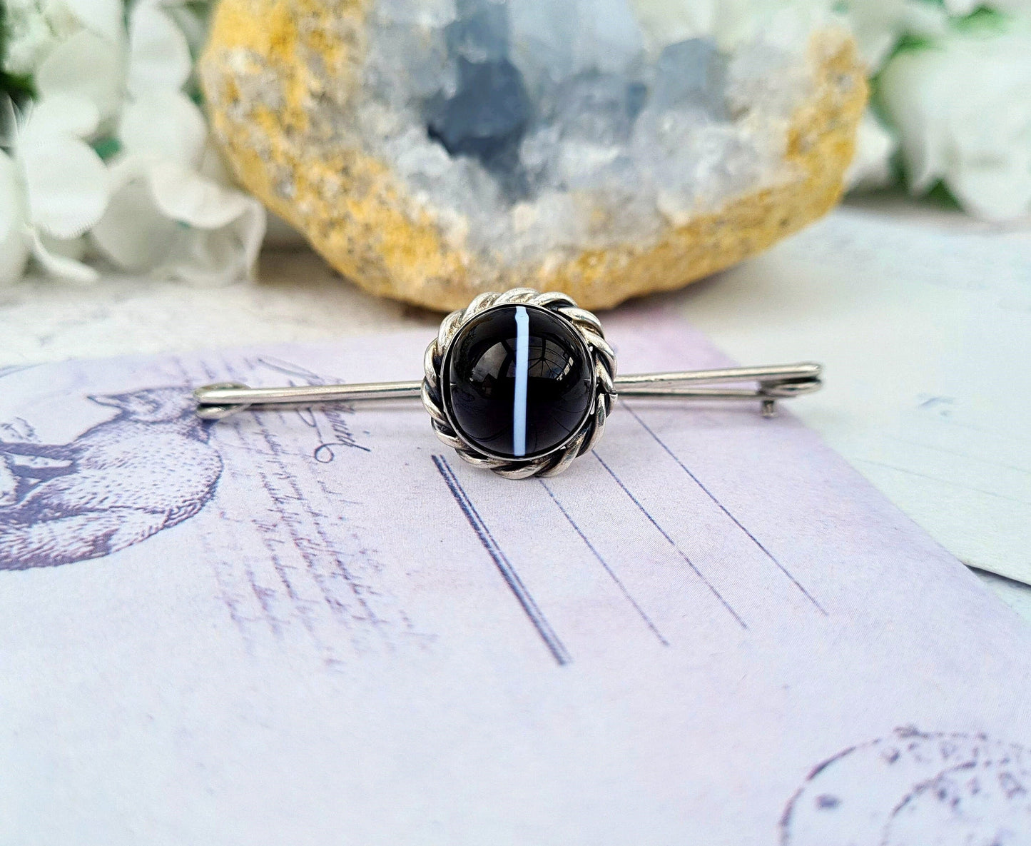 Antique Victorian Sterling Silver Black and White Banded Agate Bar Brooch Pin